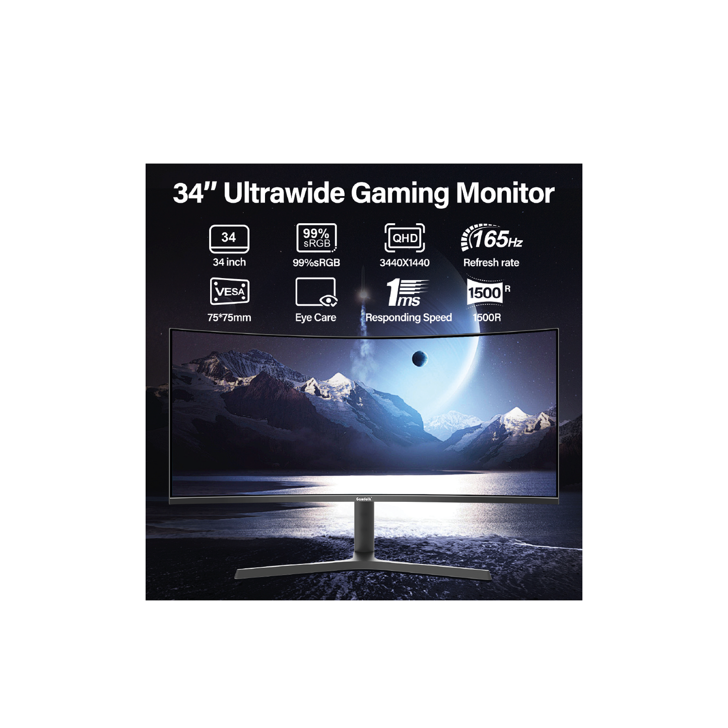 34" Gawfolk Ultrawide Curved 144Hz Gaming Computer Monitor